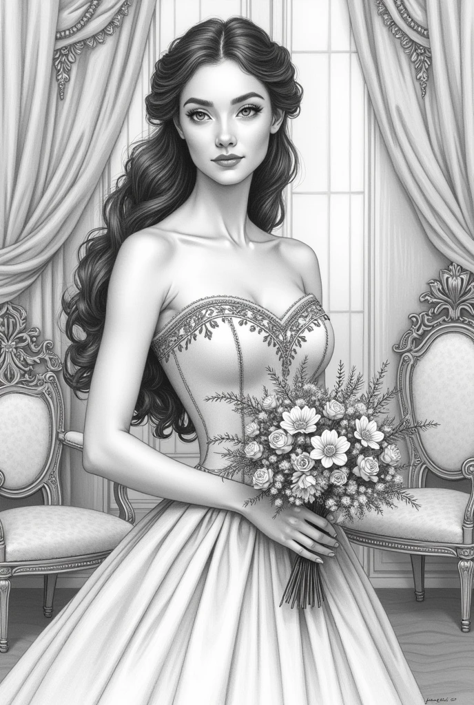 Hand draw in graphite a portrait of a slim, muscular 30-year-old princess in Victorian style, with an elegant hairstyle and a detailed strapless dress. She must be holding a bouquet of delicate flowers, with a serene and graceful expression. The image should capture the essence of a delicate female figure, but one that exudes a powerful and dignified presence.