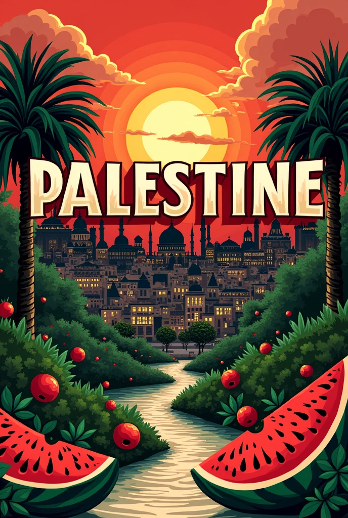 An image of the word PALESTINE in red colors, white, black and green representing olive trees, tomato, watermelons and joy.
As well as large Arab cities
