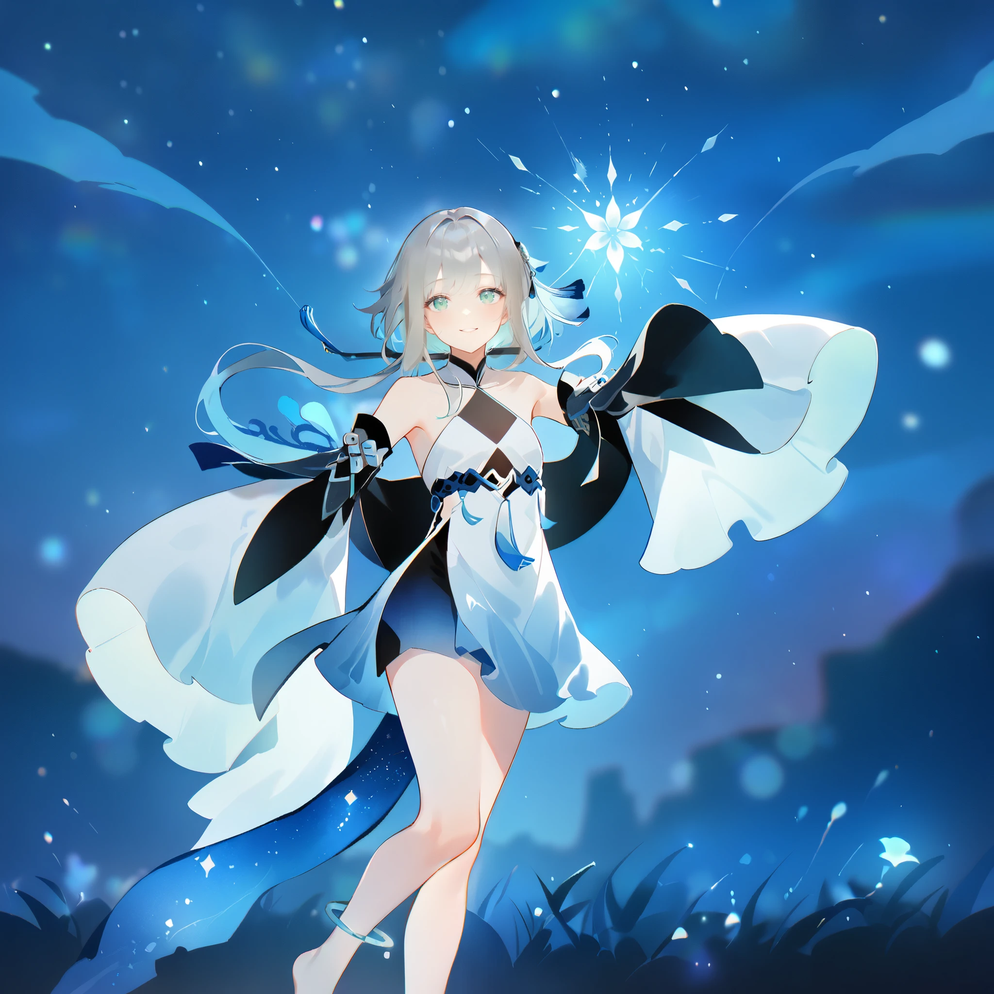 score_9, score_8_up, score_7_up, score_6_up,1girl, guizhong_\(genshin_impact\),(grey hair),short_hair_with_long_locks in front and low ponytail in back,gradient_hair,(pale grey eyes with seafoam gradient),starry_sky_print,detached_sleeves white outside blue starry inside, hands completely hidden by long sleeves,stunning field of softly glowing cerulean and white glaze lilies,night scene,gentle smile,face focus, eye focus,ladyshadow,moonlight,glossy lips,vivid anime coloring,cel shading,smooth, soft dreamy focus,anklet,halter_top,white clothes,highly detailed,digital painting,bare_shoulders,barefoot,cool night tones, magical night scene,bokeh, professional,anemo colored fireflies,nebula of stardust and silvery vapor,harmonious blend of nature and art,transcendent beauty,awe-inspiring artwork,(best quality,4k,8k,highres,masterpiece:1.2),yunamaro,carnelian,dsmile,cosmic stardust,guizhong, guizhong's def clothes, 1girl, long hair, blue eyes, barefoot, guizhong's dress, hair ornament, chinese clothes, sleeves past fingers,