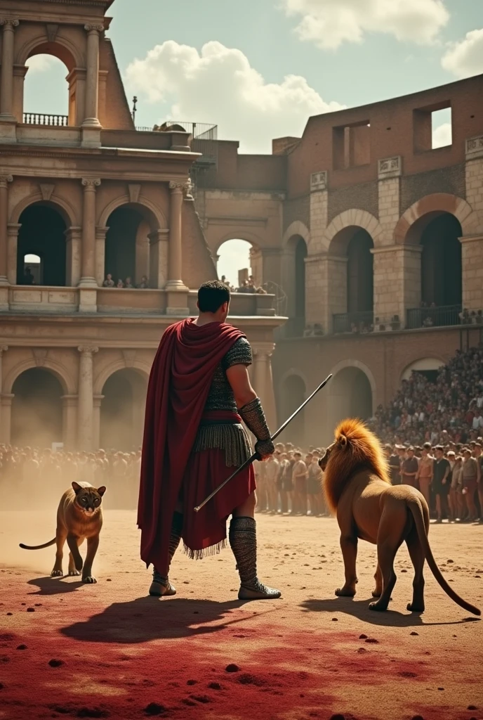 (photorealism:1.2), a roman warrior, On the right side a lion and on the left a puma in the Roman Coliseum killing two men