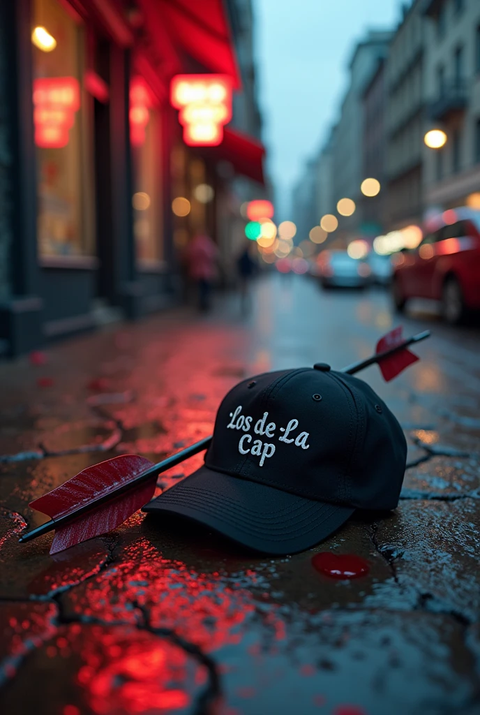 A cupid's arrow with blood and lying on a street and a black baseball cap that says Los de la Cap