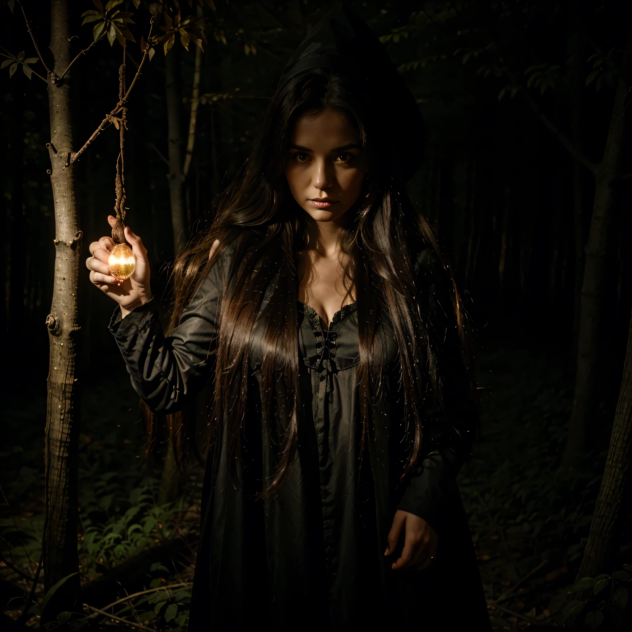 Witch Woman, full height, long hair, in the dark forest, The skull is glowing