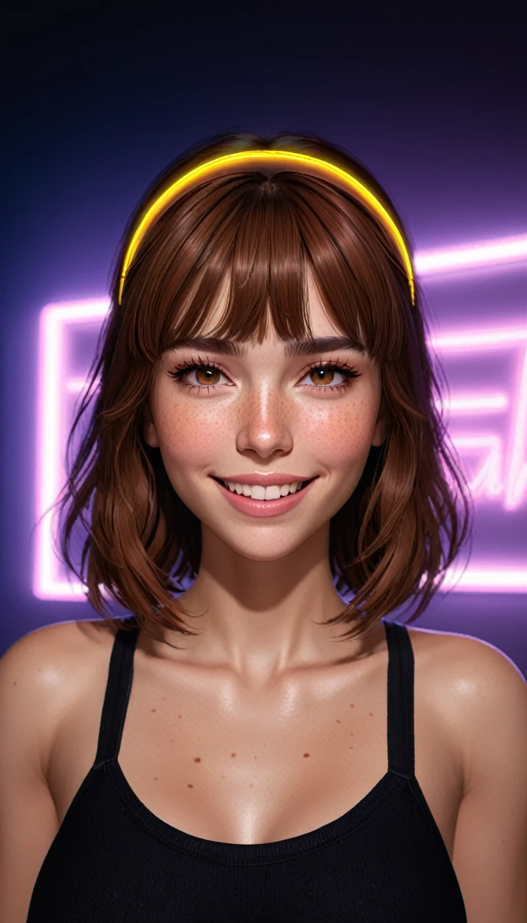 beautiful lady, (freckles), big smile, brown hazel eyes, Full Bangs, dark makeup, soft light, head and shoulders portrait, cover,  portrait, sidelighting, neon lighting, neon halo, ,  cinematic angle, masterpiece, best quality ,