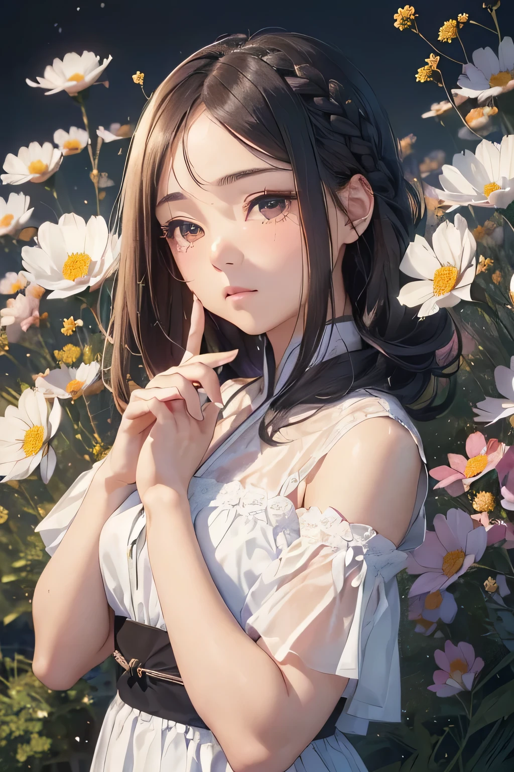 Highest quality、High resolution、Detailed Background、(Beautiful face in every detail:1.4)、Anatomically correct、(Normal number of fingers:1.2)、(Highly detailed face)、Detailed eyes、age beauty、Perfect body line、Light color hair、Braided bob cut、ponytail、Cute hairstyle、well-groomed eyebrows、A melancholy atmosphere、Show the whole body、(A girl wearing a pink dress standing in a field of purple and white cosmos flowers:1.5)、Tears shine in the girl's eyes and her gentle expression is distorted.、Elegant cosmos flowers々It seems as if the girl's sadness is being gently embraced.、A quiet breeze sways the petals and gently strokes the girl's hair、Cosmos flower々It's as if the author is empathizing with the girl's sadness.、very beautiful