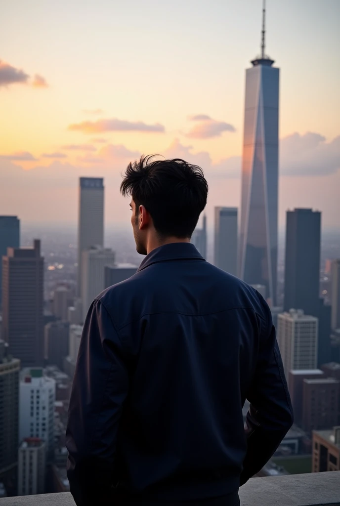 Man posing with city view from behind