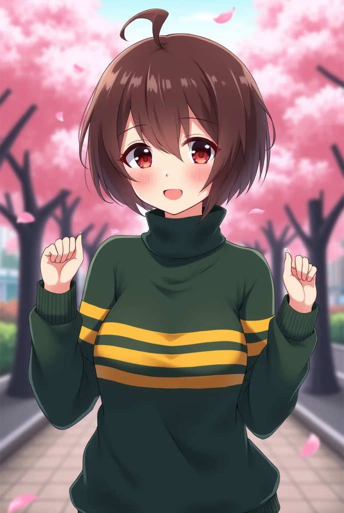 an anime girl with dark red eyes and short brown hair wearing a dark green and yellow with two stripes on her chest on her turtleneck sweater doing a cute pose
