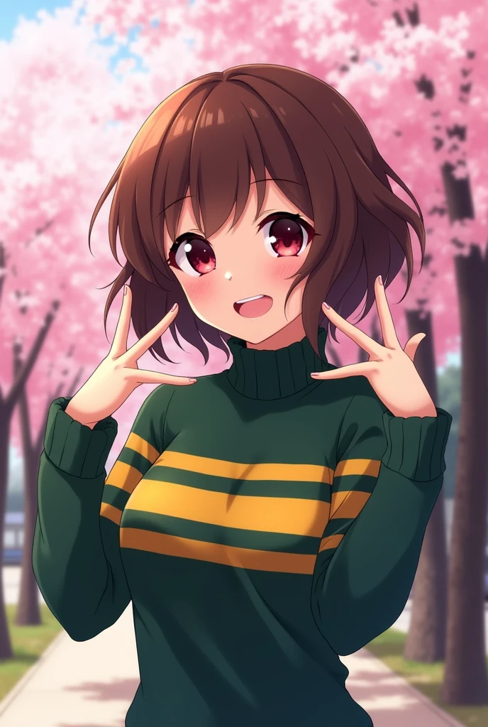 an anime girl with dark red eyes and short brown hair wearing a dark green and yellow with two stripes on her chest on her turtleneck sweater doing a cute pose