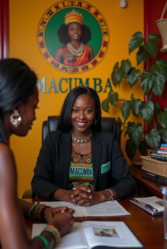 Merci de créer une image illustre une secrétaire du Temple vodou Haitien MACUMBA 666 , afro américaine, âgée de 24 ans, vodouisante, des cheveux naturel lisse. Porte un tailleur badge en evidence, logoCAM SKET. M. Elle reçoit dans son bureau deux jeune vodousantes, agées de 20 et 25 ans, habits traditionel haitienne, des colliers. Elles veulent s informer sur les informations du centre culturel Macumba 666. Salle hautement colorée. Sur le mur mentionne Centre culturel MACUMBA. Des materiels vodou haitien.