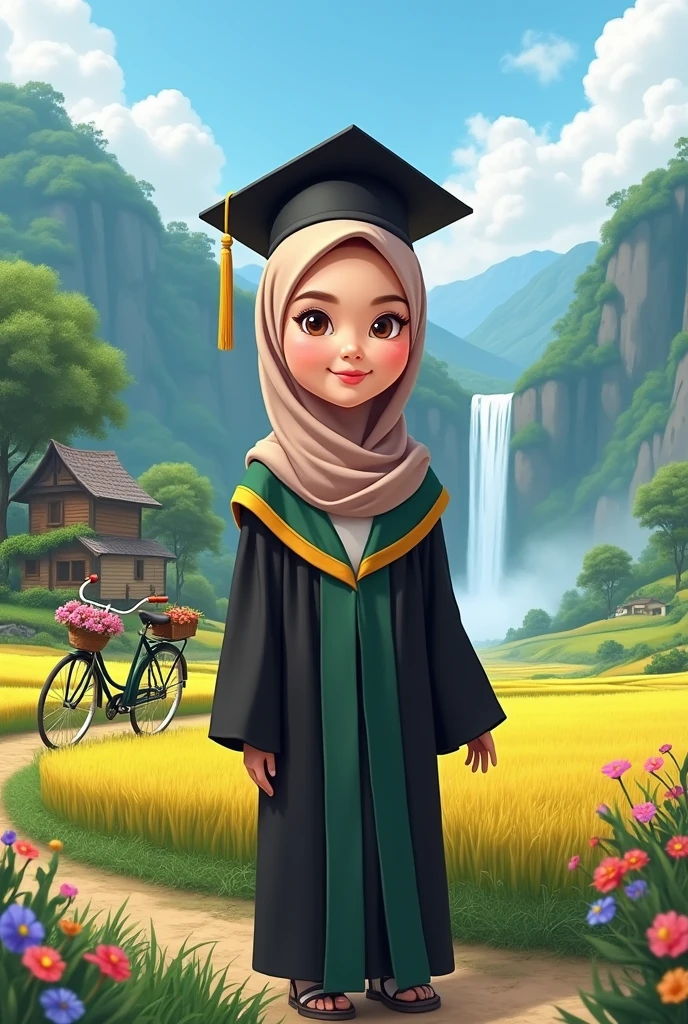 Realistic Karikatur, A women wearing hijab, pastel brown color hijab, wearing black graduation hat, wearing green graduation hood with yellow color on the edge, wearing black graduation gown, Long graduation gown that covers the ankles, wearing black shoes , women shoes, rice field background with flowers , wooden house background,mountain background with waterfall, Bicycle background with flower basket , kawaii theme designs, kawaii poses