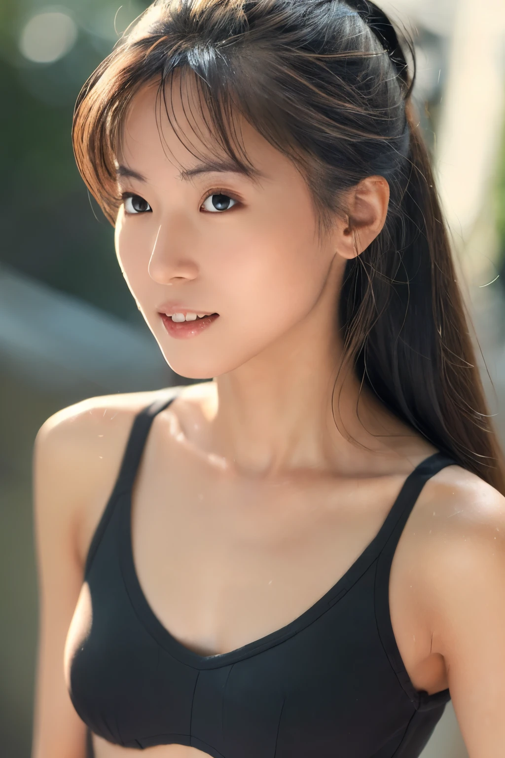 Skinny Japanese woman, Dressed, small head, cute face, detailed face, detailed eyes, (photographrealistic:1.4), (Hyper realistic:1.4), (Realistic:1.3), (Smoother lighting:1.05), (increase cinematic lighting quality:0.9), 32K, 1girl in, 30-years old, Realistic lighting, Backlighting, Light on Face, raytrace, (Brightening light:1.2), (Increase quality:1.4), (Top quality real texture skins:1.4), Black underwear, a necklace, Very thin waist, slender legs, (Increase body line mood:1.1), (Increase the beauty of skin texture:1.1)
