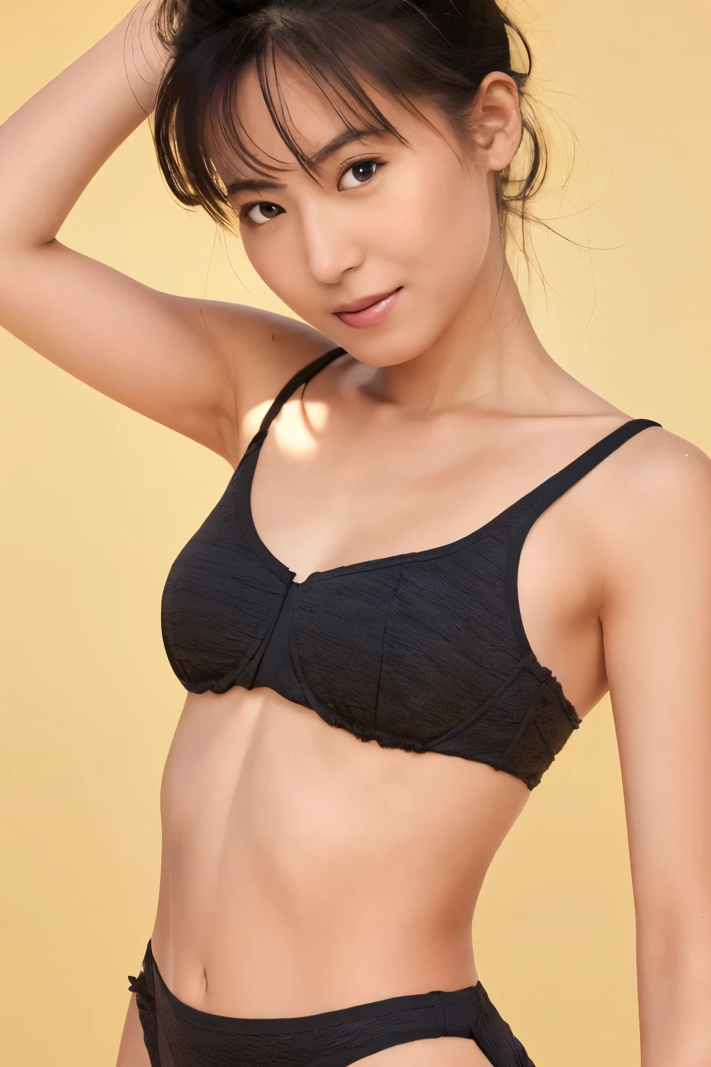 Skinny Japanese woman, Dressed, small head, cute face, detailed face, detailed eyes, (photographrealistic:1.4), (Hyper realistic:1.4), (Realistic:1.3), (Smoother lighting:1.05), (increase cinematic lighting quality:0.9), 32K, 1girl in, 30-years old, Realistic lighting, Backlighting, Light on Face, raytrace, (Brightening light:1.2), (Increase quality:1.4), (Top quality real texture skins:1.4), Black underwear, a necklace, Very thin waist, slender legs, (Increase body line mood:1.1), (Increase the beauty of skin texture:1.1)