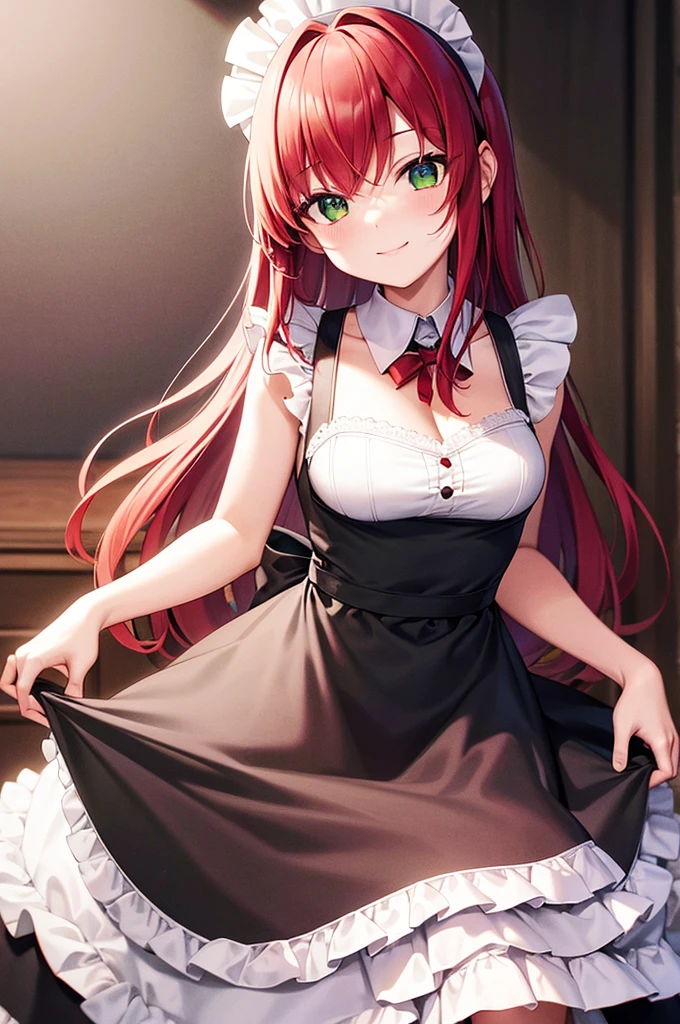 Highest quality, masterpiece, alone, One person,  smile,Redhead, maid, maid apron, maid headdress, Green Eyes,