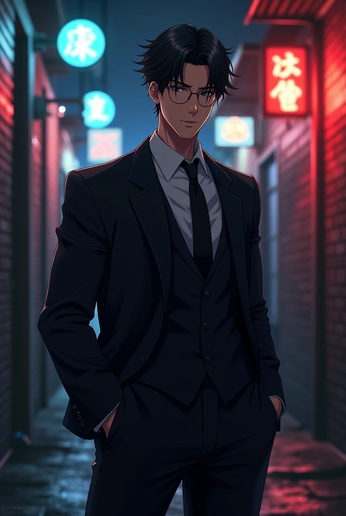 A man in a black suit and a handsome anime face. And they look equally fierce.