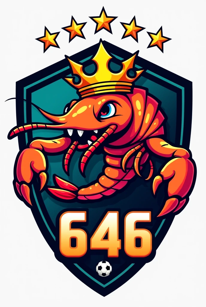 Logo of a soccer team, that is not round. Include an angry shrimp with a crown, aspects related to football. That contains the word 646 below and has 6 stars above