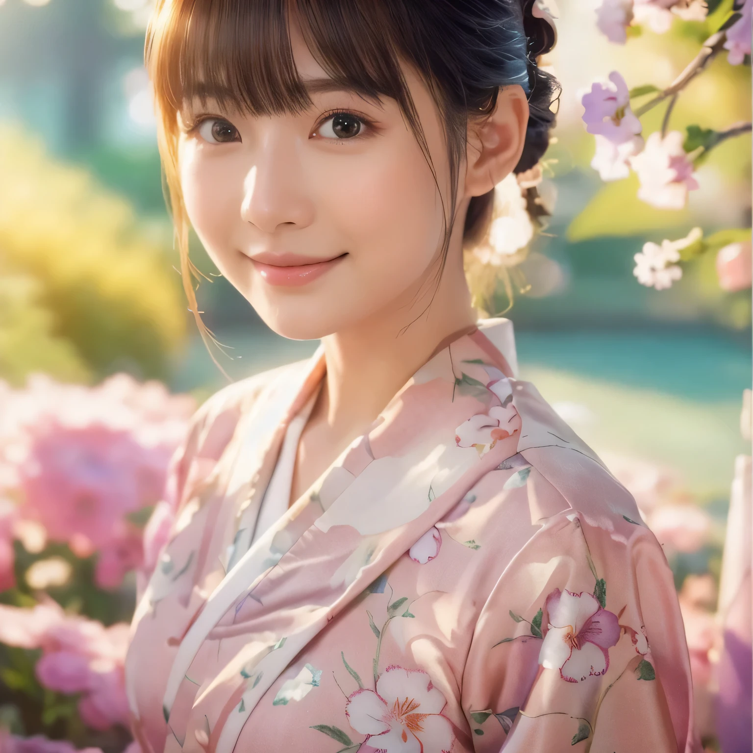 (Photorealsitic:1.4), (Top image quality:1.0), (超A high resolution:1.0), 8K, Raw photography, (masterpiece:0.2), (pureerosface_v1:0.5)、(Best Quality Detail:1.2)、realisitic、8K UHD、hight resolution、(1girl in:1.2)、The ultra-detailliert、High quality textures、intricate detailes、detaileds、Very detailed CG、High quality shadows、Detail Beautiful delicate face、Detail Beautiful delicate eyes、depth of fields、Ray traching,1girl in, japanaese girl, Cute, slender, Kimono with Japanese pattern,Floral scrunchie, Beautiful skin, Facing the front,Sit down, Sit upright and say thank you,Align your hands elegantly,Smile faintly The Land of Japan,Japanese garden,Luxury Japanese-style room, skyporn, Magic Hour, (Realistic:1.3), Finely detailed, quality, (masutepiece:1.2), (Photorealistic:1.2), (Best Quality), (Intricate details), Dramatic, Ray tracing, photograph, +Lola