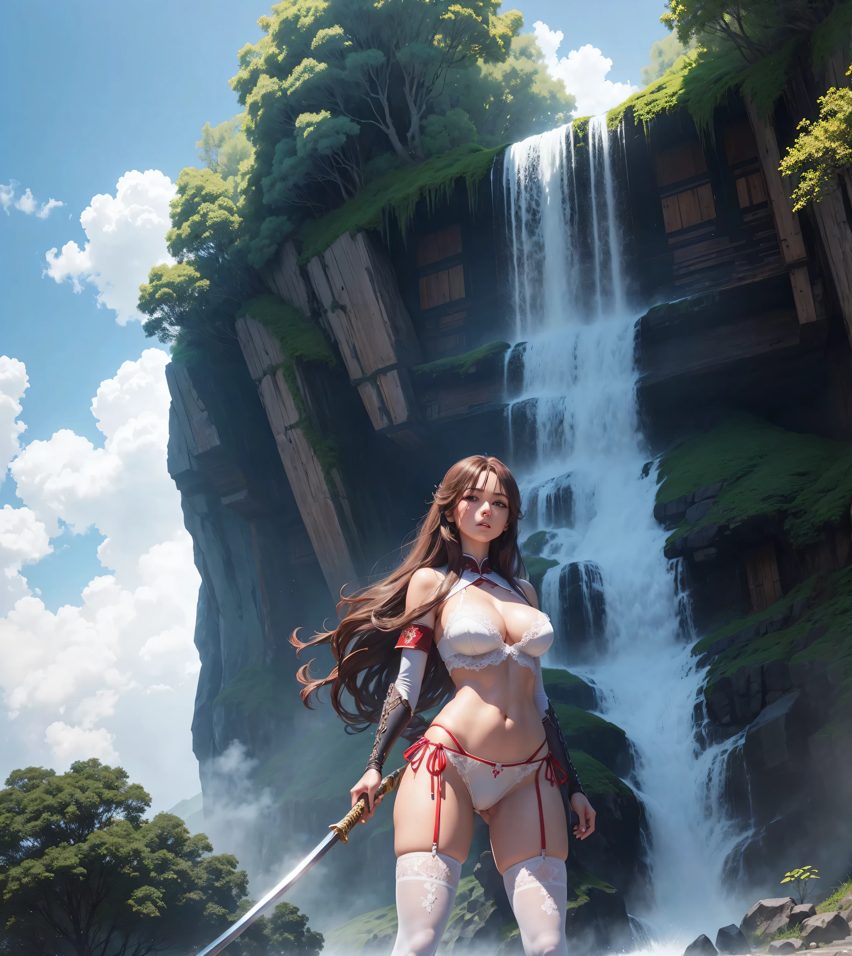 Kizi, in battle stance, standing backwards, Uma mulher vestida de lingerie vermelha segurando uma espada em frente a uma waterfall, daughter, in battle stance, standing backwards, a shiny katana (holding it by the handle), very long brown hair, blue colored eyes, big-ass, red thong with strings, white lace thigh high stockings, cinematic light, Trees, waterfall, Chinese shrine, blue sky, white clouds, seminua, breasts big, quase nua, great breasts 