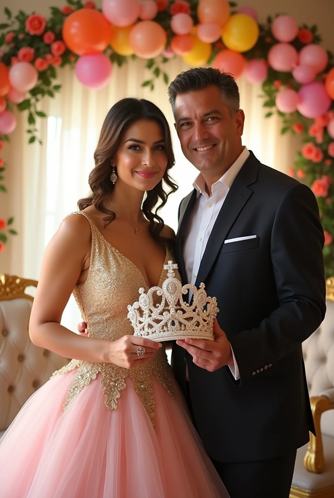 Parents holding crown from right side for quinceañera but without the quinceañera Full body