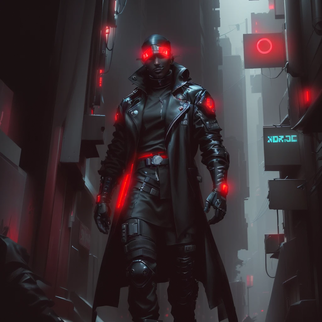 arafed man in a black coat and red gloves walking down a street, cyberpunk character art, cyberpunk soldier, cyberpunk hero, cyberpunk character design, cyberpunk street goon, cyberpunk assassin, cyberpunk character, style of cyberpunk, dark cyberpunk illustration, cyberpunk artm, cyberpunk knight, modern cyberpunk anime, has cyberpunk style, cyberpunk dude, cyberpunk themed art, cyberpunk art style