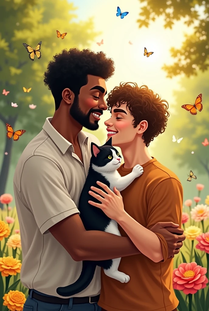 A drawing of pride a brown-skinned man, with a mustache and goatee, short, curly, black hair, Wearing white short sleeve t-shirt, hugging a white man, who wears glasses, with thin lips and a shy smile wearing a white short-sleeved t-shirt, With straight, brown hair, holding a cat with black and white fur.
