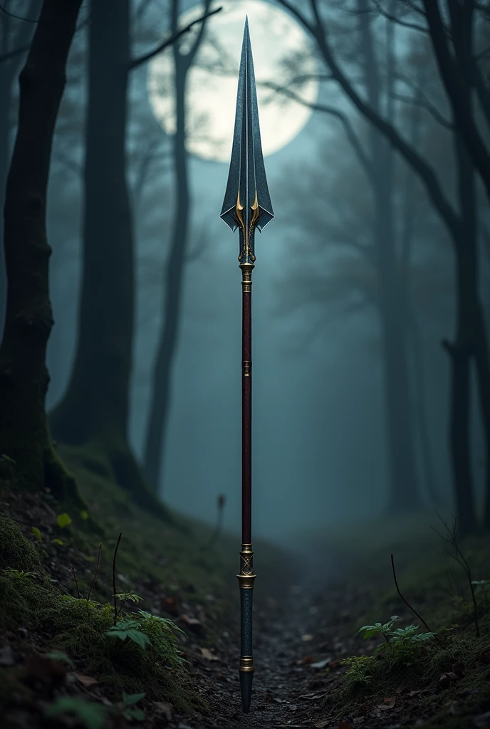 Silver-colored spear with a deep brown handle with golden notches and a long, wide, shiny gray edge.