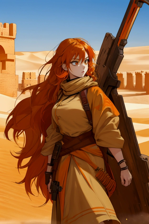 Orange hair, female warrior, Desertngewänder, Arabic, Desert, Anime Style