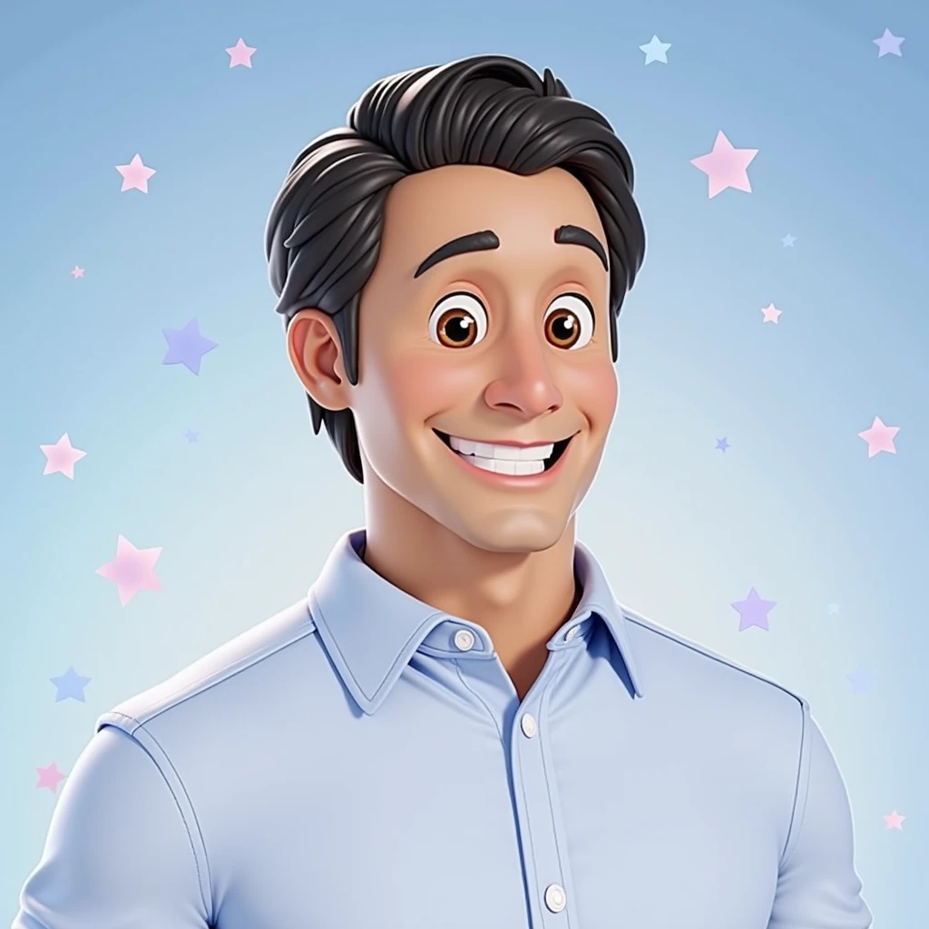 Cartoon character of a man blue shirt, an animated character, stylized character, animation style rendering, 3d stylized, smiling and making a nice hand sign