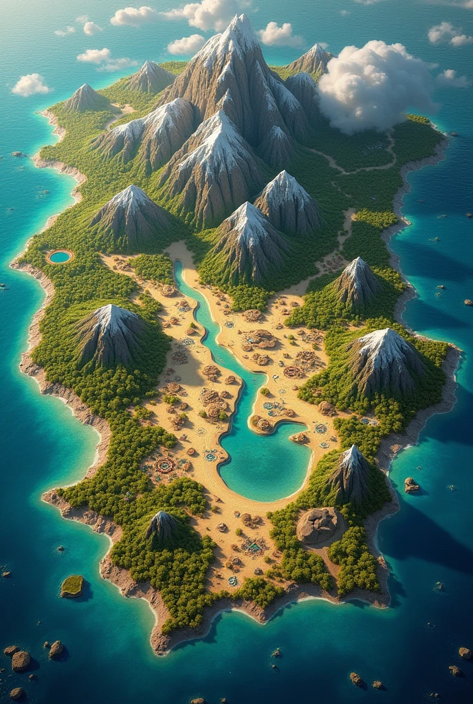 Make me a continent , of fantasy RPG, seen directly from the whole sky, with all the pieces of land surrounded, show the entire continent on a map, showing its entire extension by land and sea on the map, by water, 8k image, realistic photos.