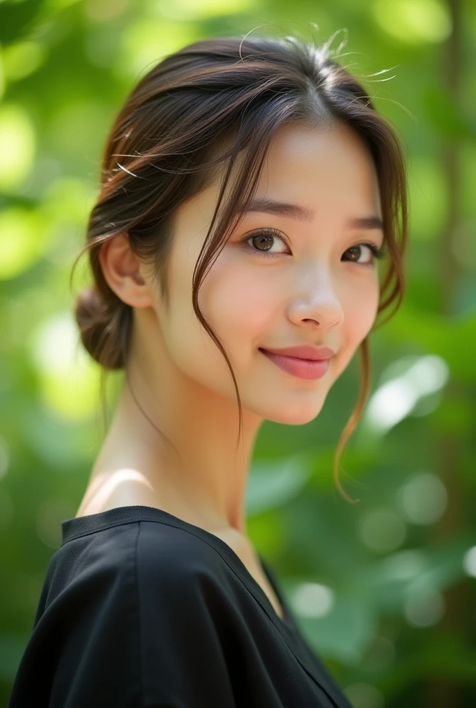 A realistic portrait of a young American woman with light skin, straight, light brown hair tied back, and soft facial features. She has large, expressive brown eyes and a gentle smile. The background is blurred and natural, with green foliage, giving the impression of an outdoor setting. The woman is wearing a simple dark-colored top, and the lighting is natural, with soft shadows highlighting her face.