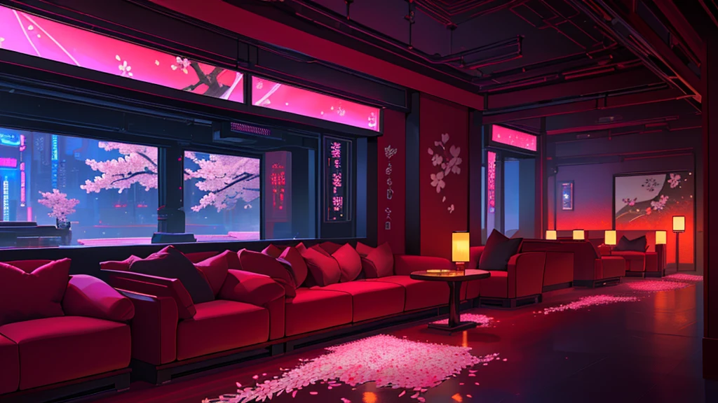 Coctail bar, dimly lit with red lighting, plush sofas, cyberpunk style, futuristic, holograms of cherry blossom trees placed throughout the venue, traditional Japanese paintings on walls, Cyberpunk style