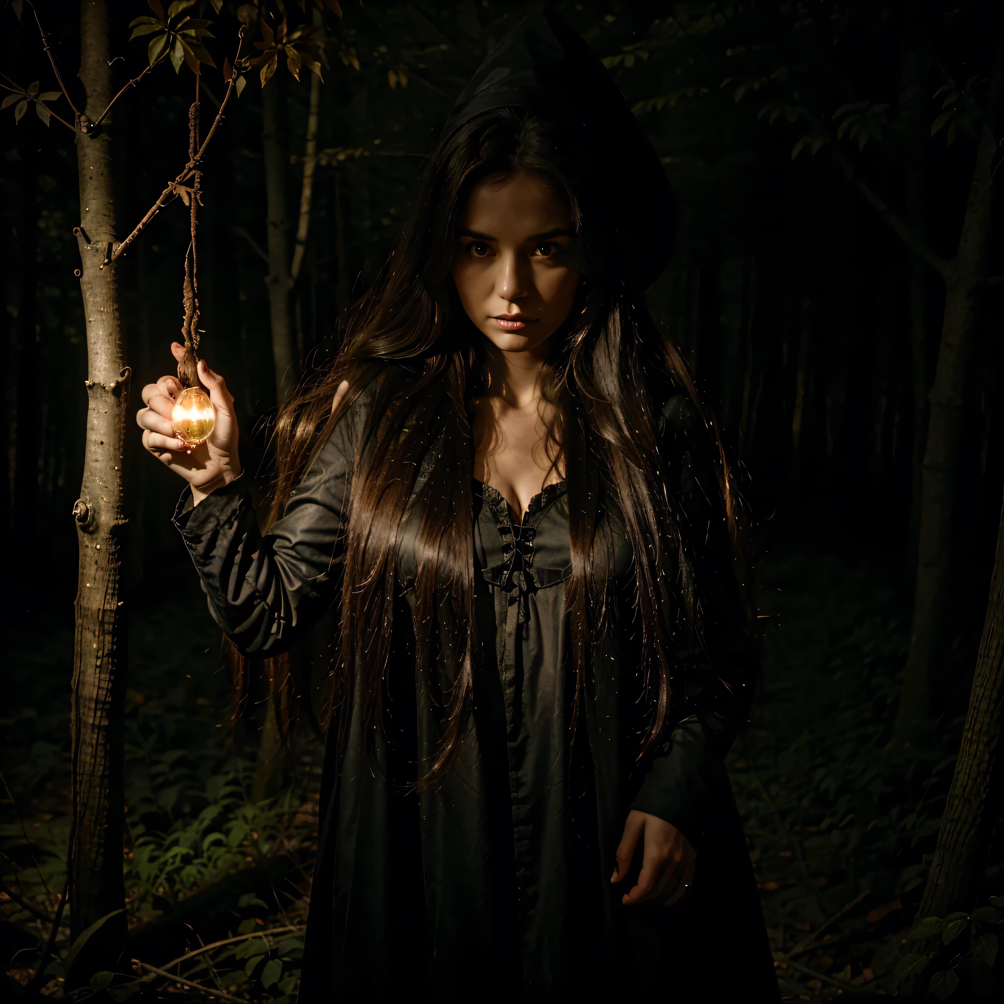 Witch Woman, full height, long hair, in the dark forest, The skull is glowing
