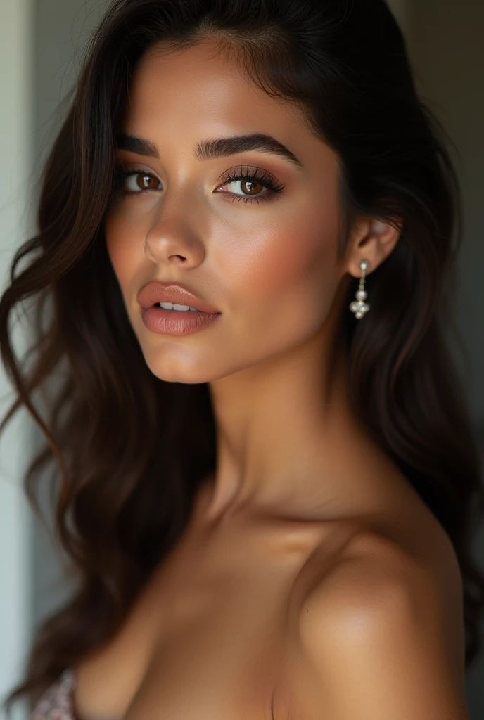 latina, 20 years old, perfect body proportion, beautiful detailed eyes, beautiful detailed lips, extremely detailed face, long eyelashes, beautiful face, beautiful skin, flawless makeup, elegant pose, soft lighting, photorealistic, cinematic lighting, highly detailed, 8k, (best quality,4k,8k,highres,masterpiece:1.2),ultra-detailed,(realistic,photorealistic,photo-realistic:1.37),studio lighting,physically-based rendering,extreme detail description,vivid colors,portrait 