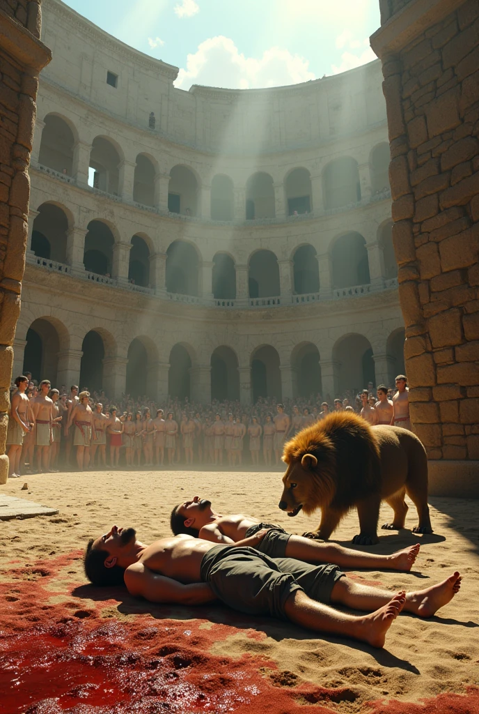 (photorealism:1.2), Two decapitated men in the Roman Coliseum with animals around them





