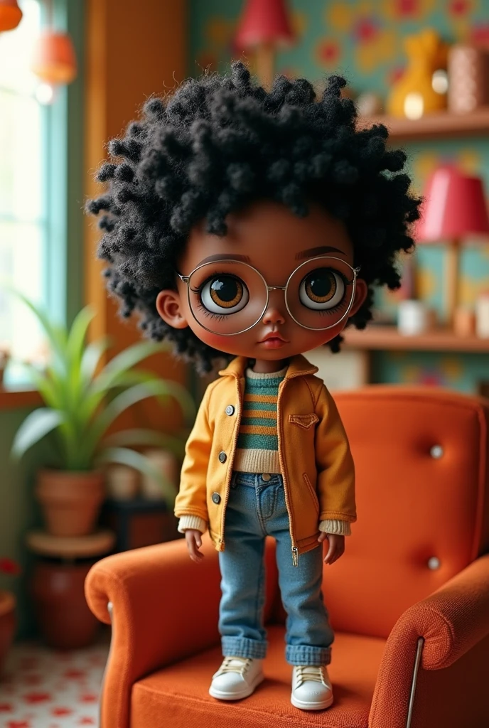 Make a male blythe doll with short black curly hair, with curly bangs that reach the eyebrows and light brown skin color 