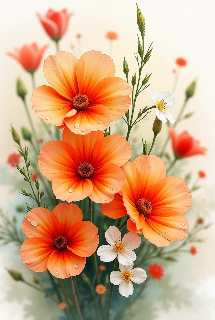 painting of a bouquet of orange flowers, white and red. I draw with watercolors