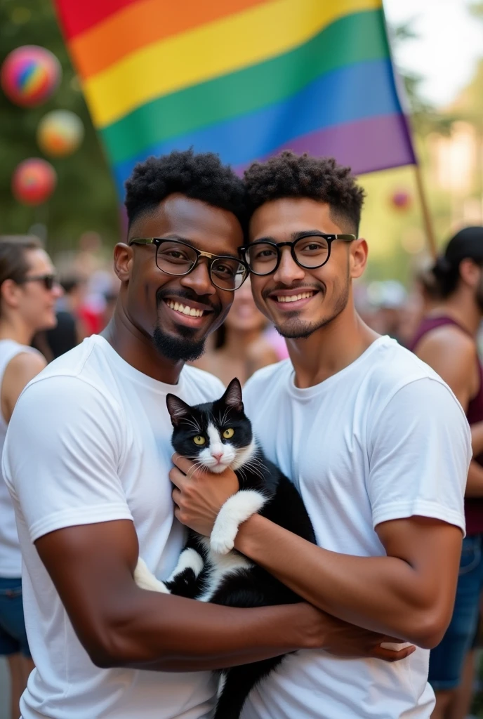 A drawing of pride a brown-skinned man, with a mustache and goatee, short, curly, black hair, Wearing white short sleeve t-shirt, hugging a white man, who wears glasses, with thin lips and a shy smile wearing a white short-sleeved t-shirt, With straight, brown hair, holding a cat with black and white fur.