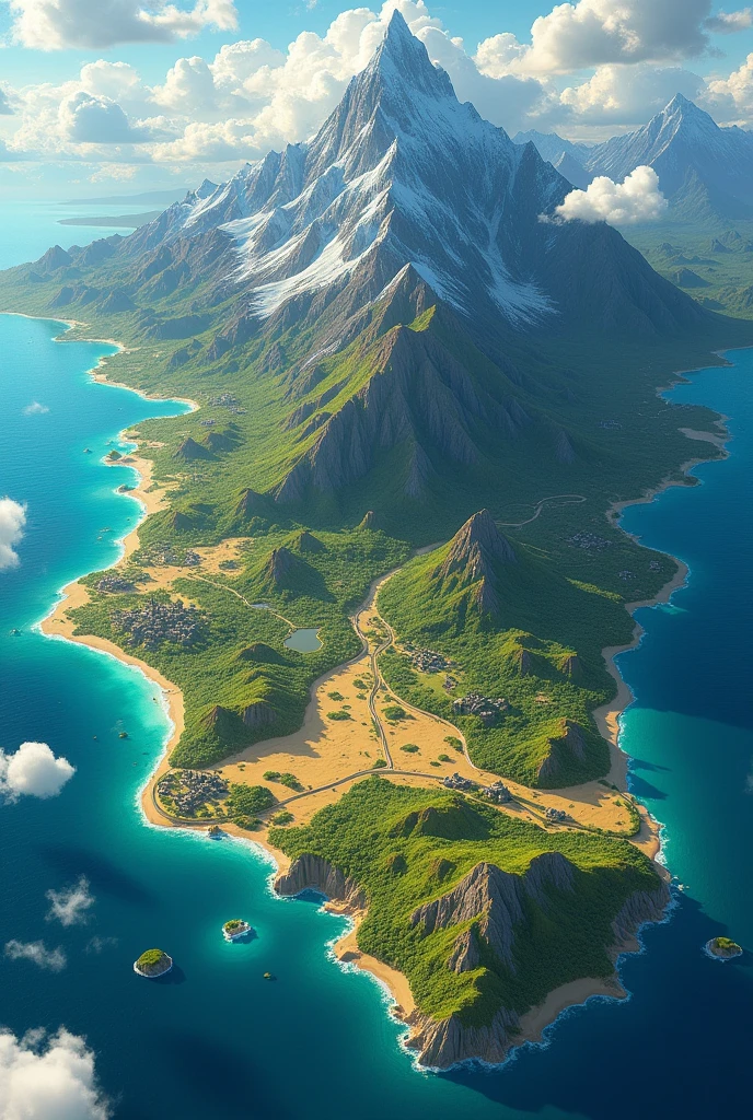 Make me a continent , of fantasy RPG, seen directly from the whole sky, with all the pieces of land surrounded, show the entire continent on a map, showing its entire extension by land and sea on the map, by water, 8k image, realistic photos.