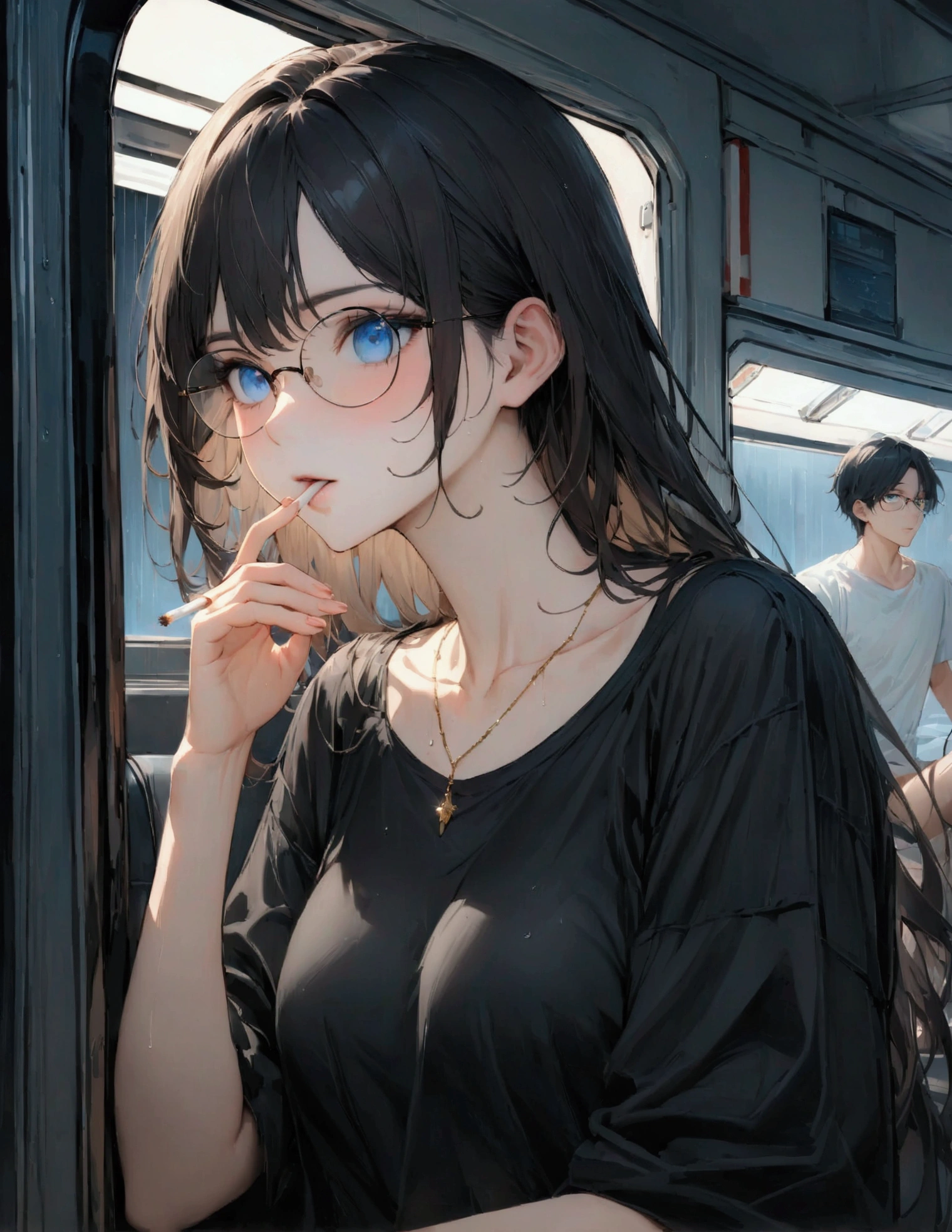 (masterpiece:1.3),(最high quality:1.4),(Very detailedな:1.5),High resolution,Very detailed,8k,artwork,expensiveレベルの詳細,rendering,high quality,Wide range of colors, Black Hair Girl, blue eyes, In pure white, Wearing a long black T-shirt, A small, delicate gold necklace with short shorts underneath, Medium, In other words、, Not so thin. other than that, Young adult boy, expensive, Brown Hair, Wearing glasses, Offering someone a cigarette while smoking, on the road, In the back of an ambulance at night, Let it rain