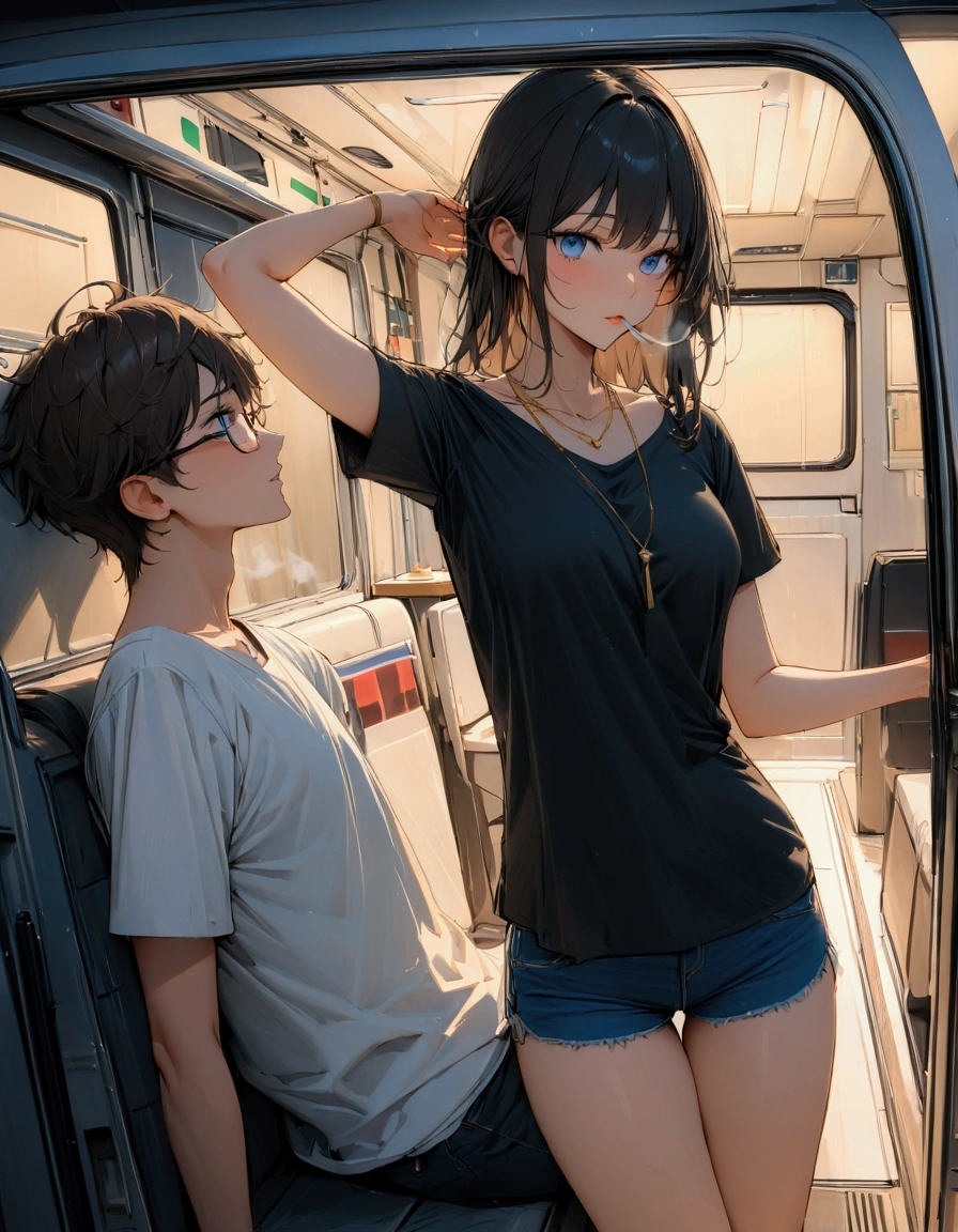 Petite girl, girl wearing glasses, small breasts, top less, bottom less, girl with straught hair, sitting on boy's laps, boy wearing glasses