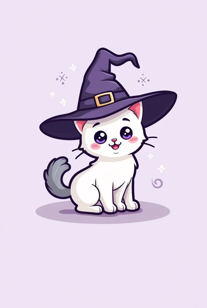Logo for an online accessories store, With the name, Magic MEOW, with cute theme, animated with black eyeliner, and that the white kitten with a grey tail and part of his little butt, have a witch hat The light lavender background