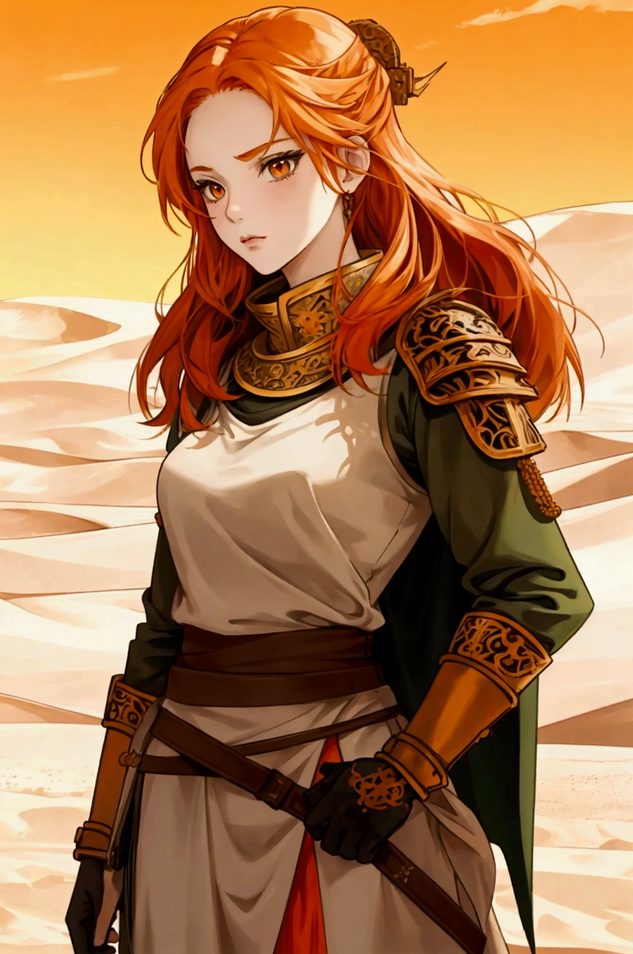 Orange hair, female warrior, Desertngewänder, Arabic, Desert, Antiquity, Anime Style