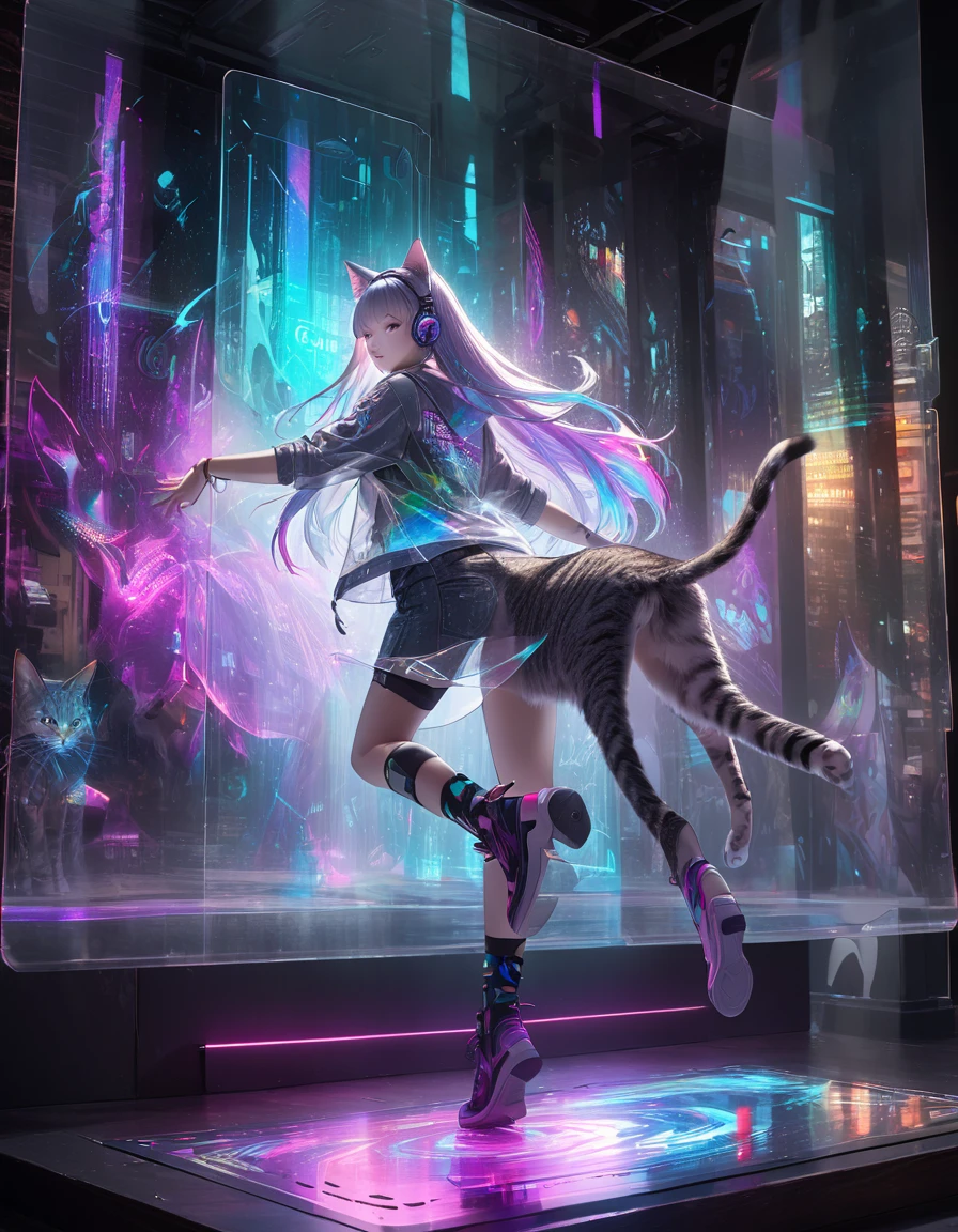 Full color, (transparency:2.0), BREAK Ultra-realism, Detailed and realistic skin texture, Detailed and intricate texture, Detailed and intricate brushwork, Detailed and clear depiction, Transparent depiction, aesthetic, Girl with cat, DJ radio girl in a club, cyber punk, White and purple gradient braided long hair, Neon holographic transparent cat dancing like a human, BREAK Neon Art Background, Cinematic lighting effects, Transparent light, Mysterious Light, Fantastic Fog, Cryptical, BREAK ((Phantasmal iridescent, holographic)), (Detailed and transparent depiction, transparency:1.6),