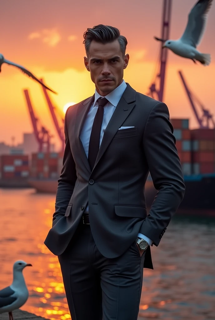 naughty man, 30years,  offwhite, olhos amendoados, slightly gray black hair, graphite suit, very strong muscular and tall, in the setting of a port