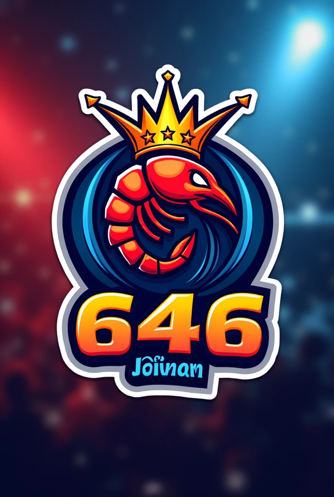 Logo of a soccer team, that is not round. Include an angry shrimp with a crown, aspects related to football. That contains the word 646 below and has 6 stars above. Let it be red and blue and let the background be blurred from the previously mentioned colors. 
