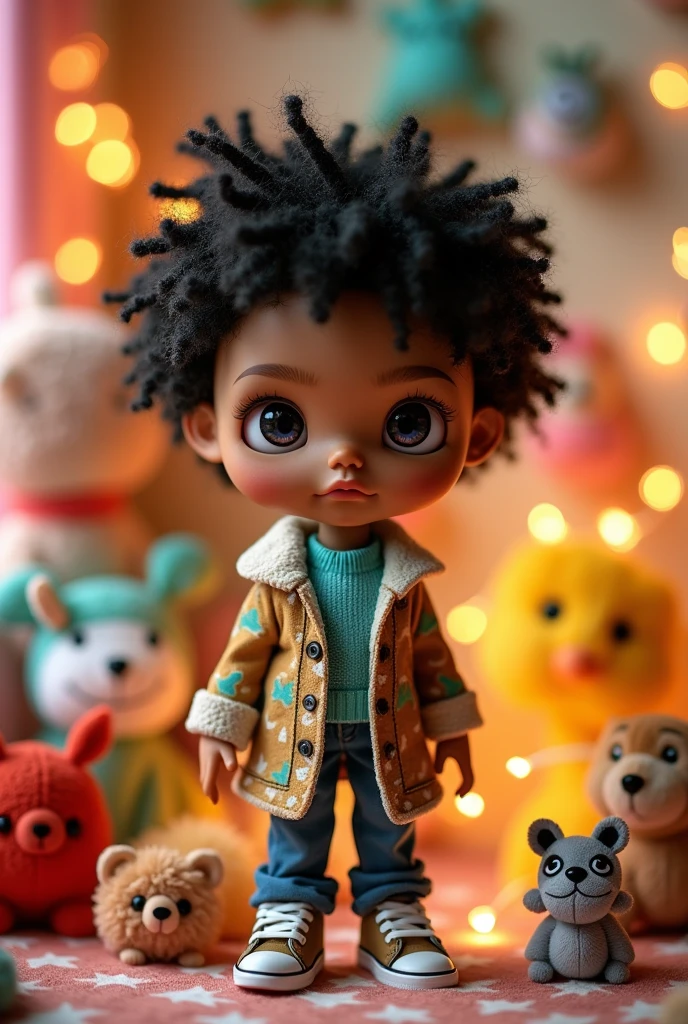 Make a male blythe doll with short black curly hair, with curly bangs that reach the eyebrows and very light brown skin color