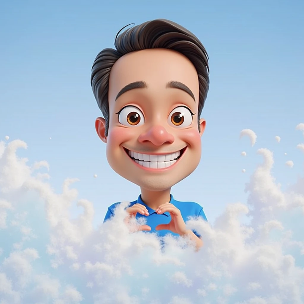 Cartoon character of a man blue shirt, an animated character, stylized character, animation style rendering, 3d stylized, smiling and making a heart symbol with his hands