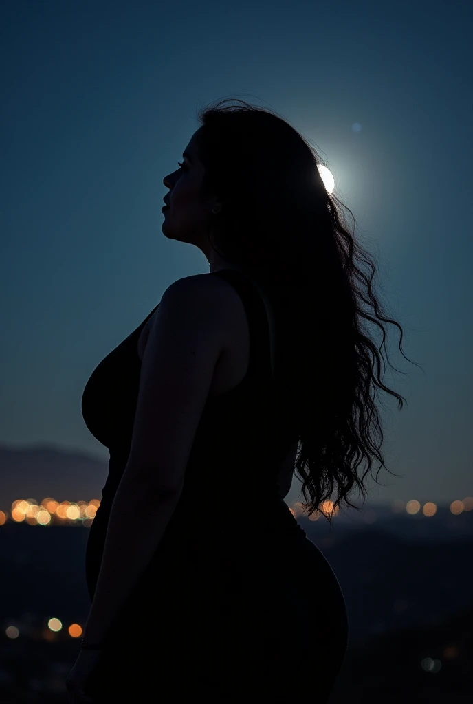 Curvy fat woman with long black hair from behind at night with realistic