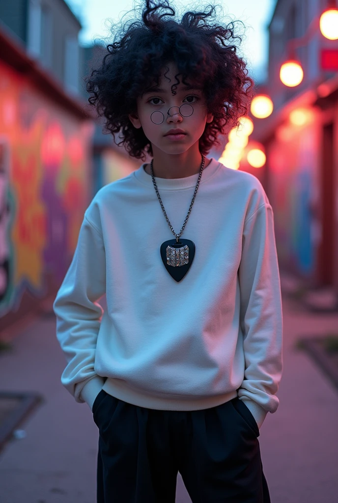 14 - 15 year old boy, black wavy fur, black eyes, thick mouth, skin turning white, dressed in a white sweatshirt, with a guitar pick shaped necklace, and black wide pants, round lenses