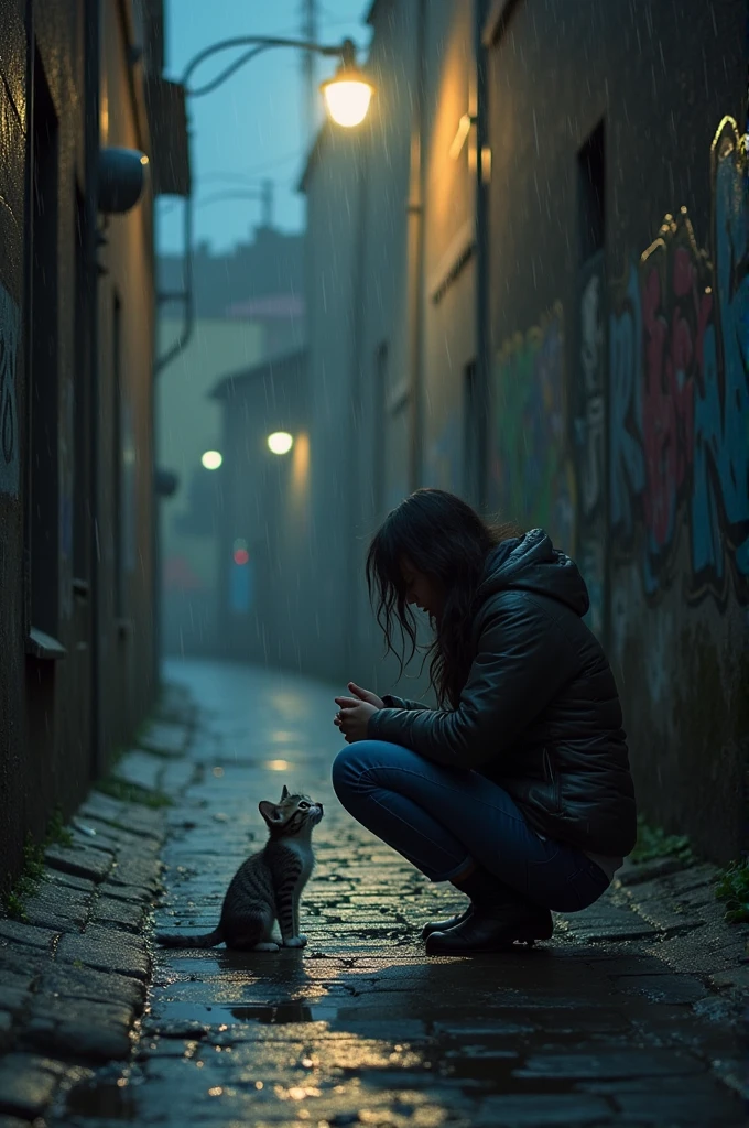 Gray and white kitten crying in a dark alley while it's raining and a happily picks her up