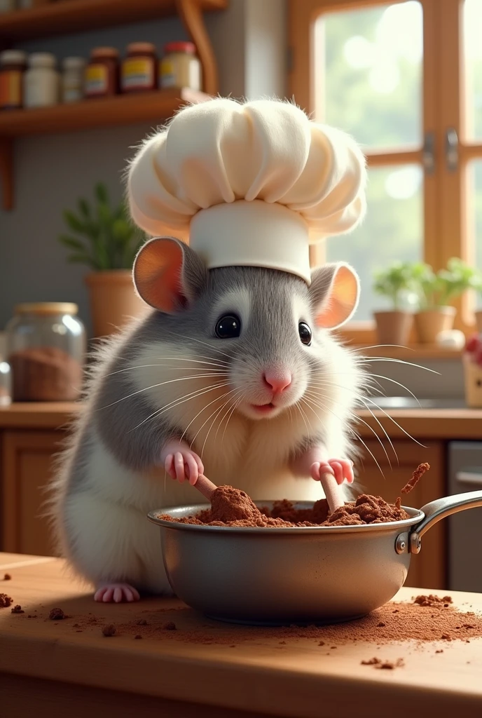 Create an image of a hamster with very messy, white and gray fur wearing a chef's hat stirring a pan of chocolate