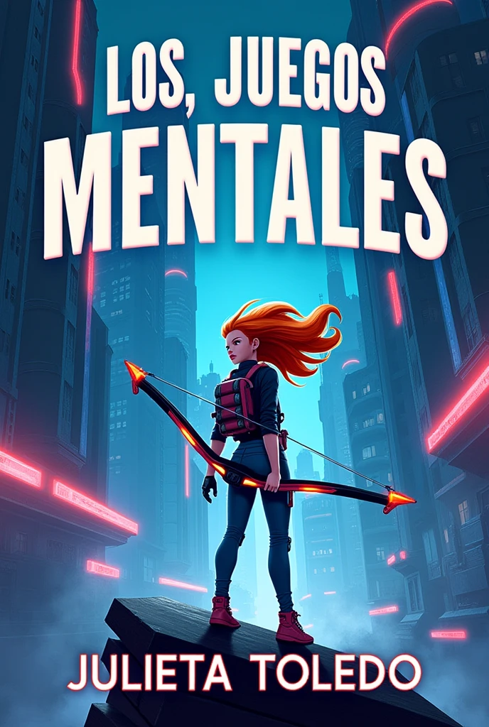 Book cover with the letters "The Mind Games" at the top, a teenage girl standing using a bow and arrow in a futuristic background, and at the bottom the letters author Julieta Toledo, the letters must be in Spanish